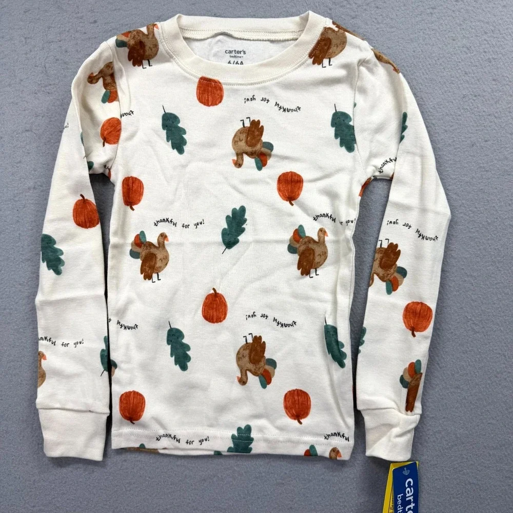 Carters 2 Piece Pajama Set Toddler Kids 6/6A Cream Thanksgiving Fall Pattern PJs